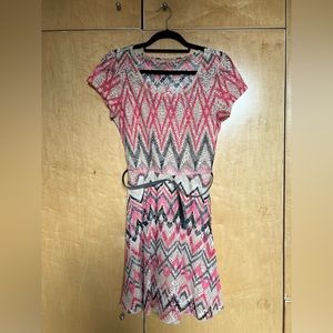 Pink, tan, black patterned dress with belt | As U Wish | Size L
